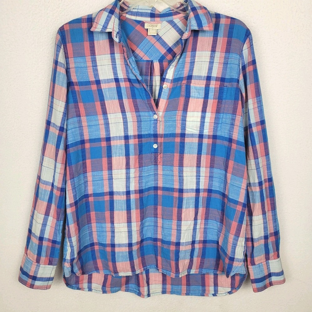 J.Crew Plaid Gauze Popover Shirt Women's S Blue Pink Pastel Lightweight Preppy
